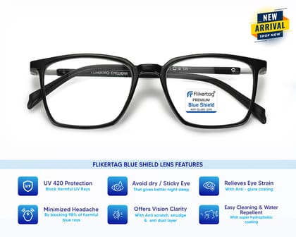 Flikertag Blue Cut Computer Glasses for Eye Protection | Zero Power Blue Light Filter Glasses With UV Protection | Anti Glare Specs for Men & Women [FTF211 F1 Square Matte Black Frame, 50mm]