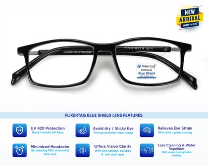 Flikertag Blue Cut Computer Glasses for Eye Protection | Zero Power Blue Light Filter Glasses With UV Protection | Anti Glare Specs for Boys & Girls [FTF213 F1 Rectangular Glossy Black Frame, 49mm]