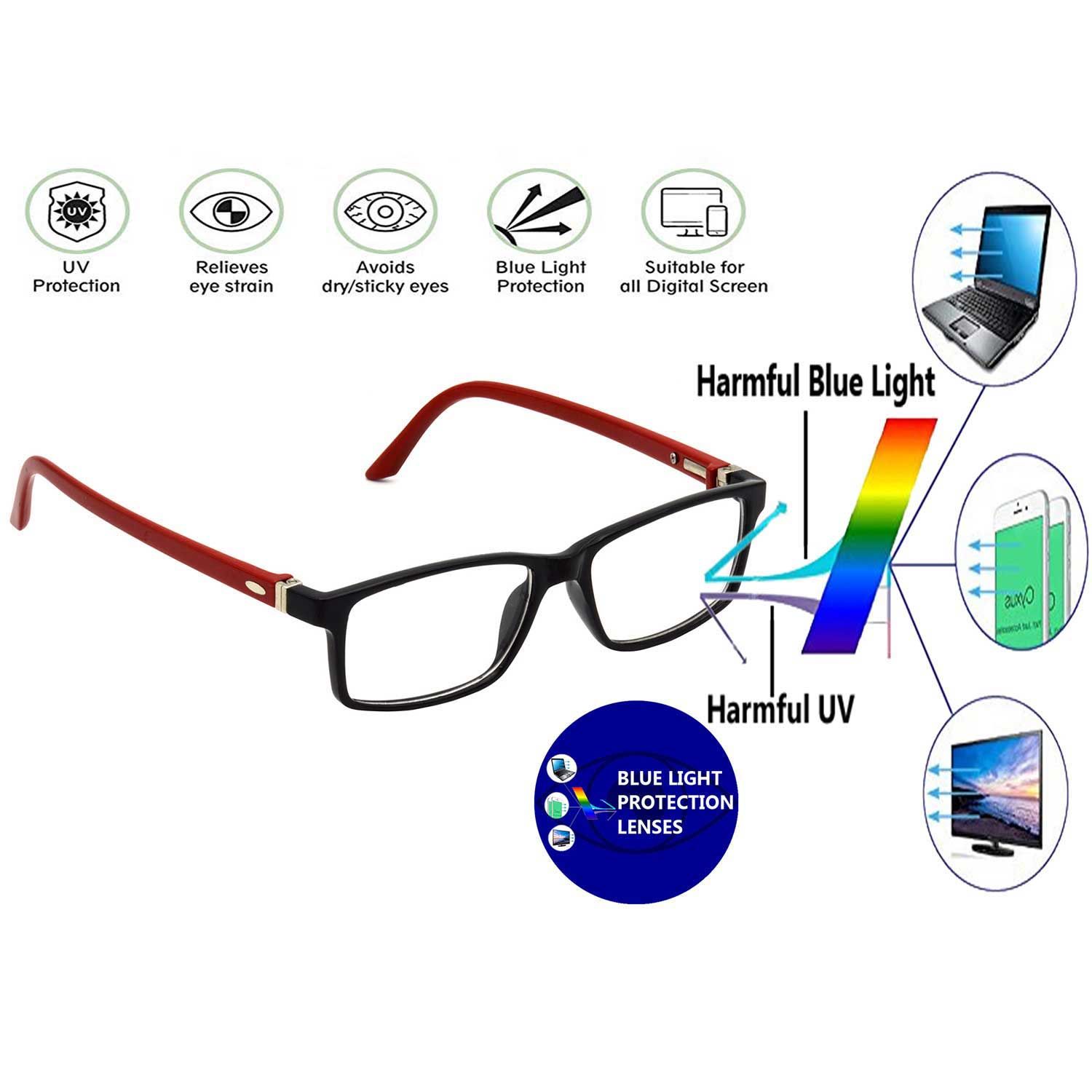 Hrinkar Rectangle Computer Glasses with Anti-Glare and Blue Ray Cut Lenses for Office, Gaming, Online Classes and Mobile/Computer Eye Protection Black and Red Frame for Kids Boy & Girl
