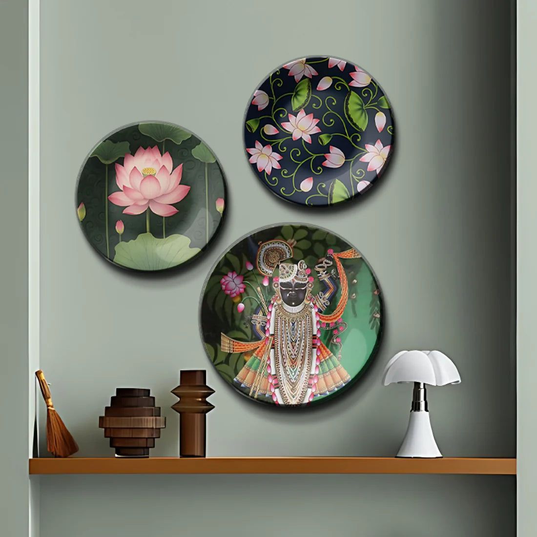 Set of 3 Shrinath Ji and Lotus Pichwai Wall Plates Décor