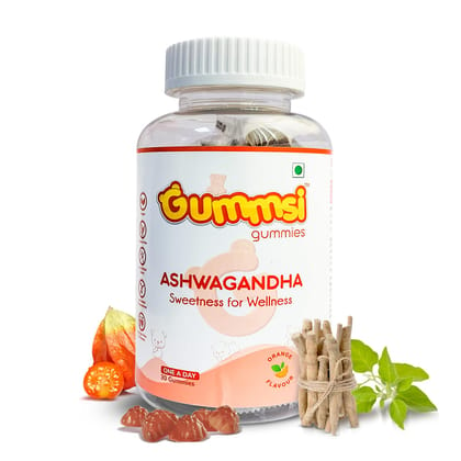 Gummsi Ashwagandha Gummies for Men and Women, Natural Orange Flavor - 60 Gummies