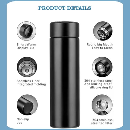 Insulated Bottle With Temperature Display - Stainless Steel Hot & Cold Thermos Vacuum Flask For Travel, Outdoor, Gym, Office - Leakproof & Bpa-Free, 500 Milliliters