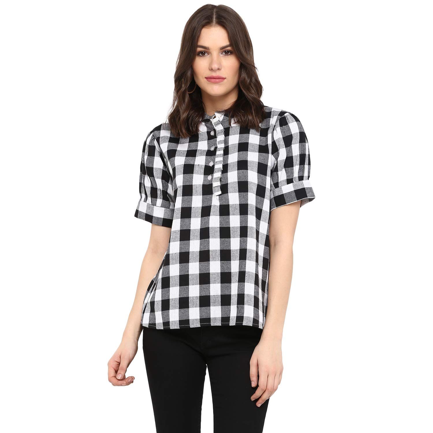One Femme Women's Checkered Puff Sleeves Pleated top