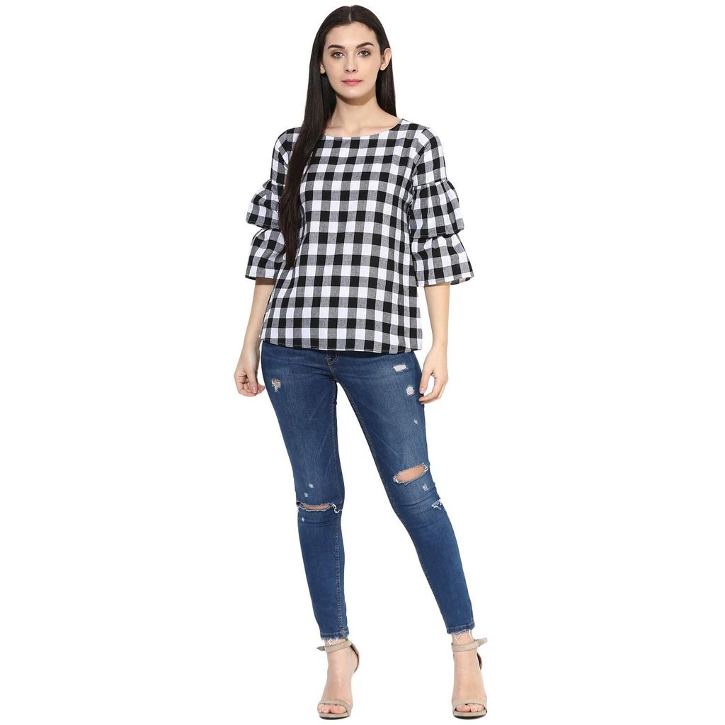 One femme Women's Checkered Ruffle Sleeves Top