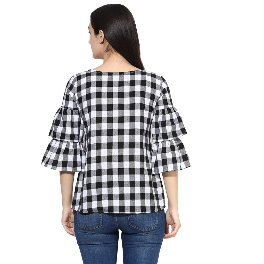 One femme Women's Checkered Ruffle Sleeves Top