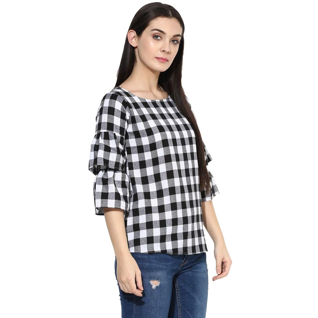 One femme Women's Checkered Ruffle Sleeves Top