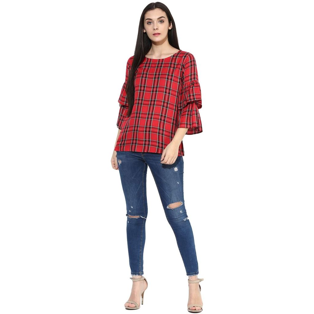 One femme Women's Checkered Ruffle Sleeves Top