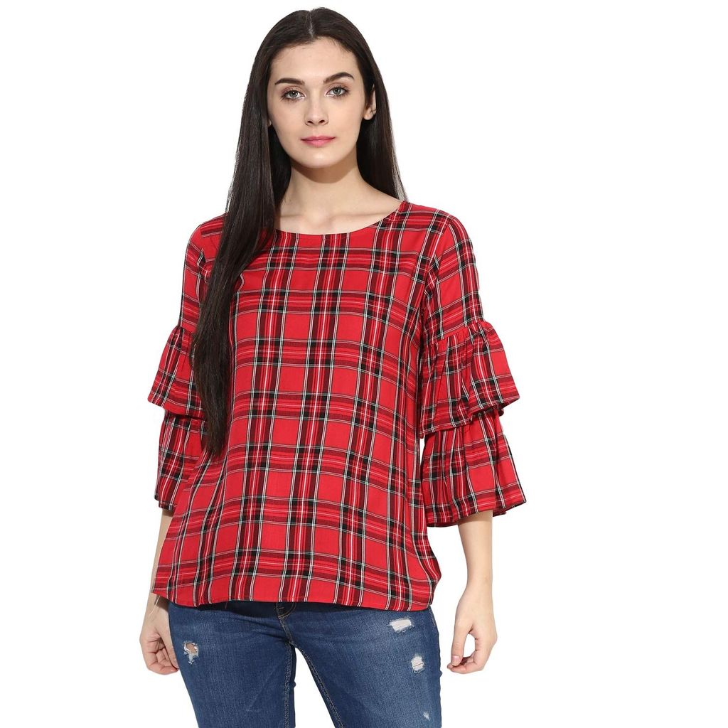 One femme Women's Checkered Ruffle Sleeves Top