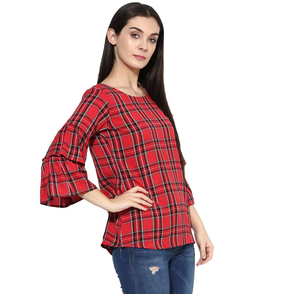 One femme Women's Checkered Ruffle Sleeves Top
