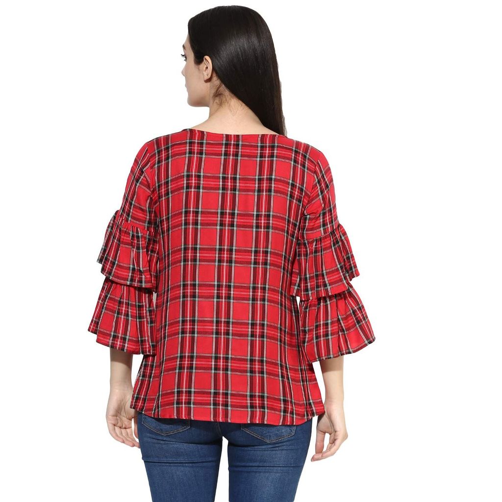 One femme Women's Checkered Ruffle Sleeves Top