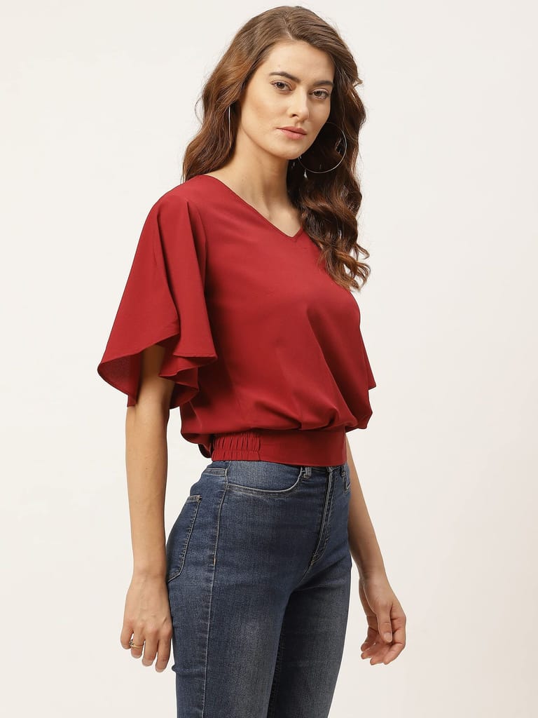 One femme Women Solid Flared Sleeves Top