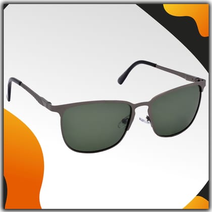 Stylish Retro Square Full-Frame Metal Polarized Sunglasses for Men and Women | Green Lens and Grey Frame | HRS-KC1006-GRY-GRN-P
