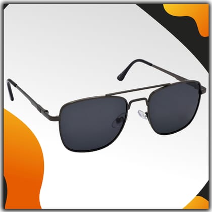 Stylish Rectangular Pilot Full-Frame Metal Polarized Sunglasses for Men and Women | Black Lens and Grey Frame | HRS-KC1007-GRY-BK-P