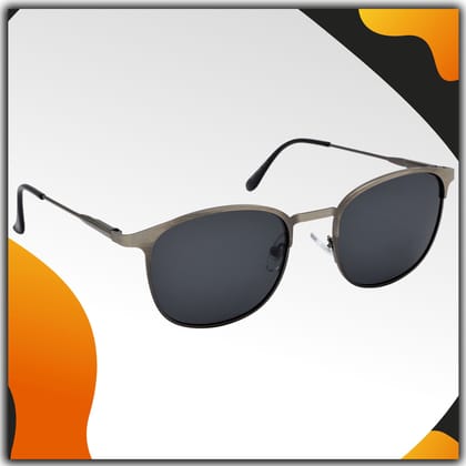 Stylish Clubmaster Oval Full-Frame Metal Polarized Sunglasses for Men and Women | Black Lens and Steel Grey Frame | HRS-KC1009-LGRY-BK-P