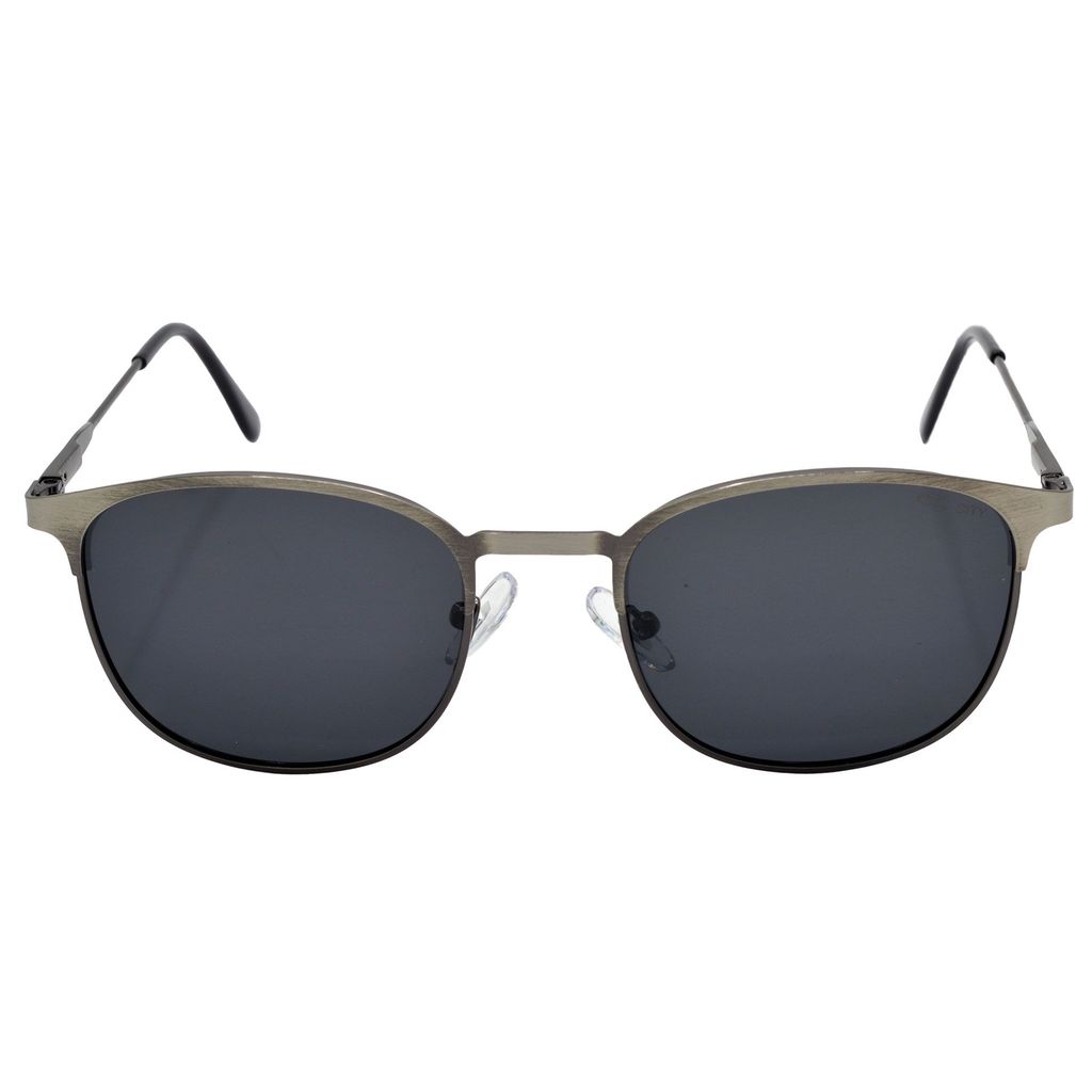 Stylish Clubmaster Oval Full-Frame Metal Polarized Sunglasses for Men and Women | Black Lens and Steel Grey Frame | HRS-KC1009-LGRY-BK-P