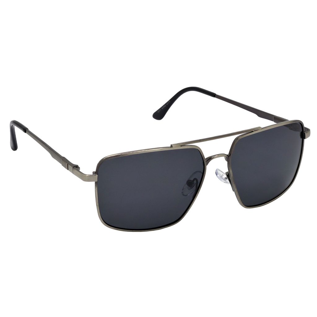 Stylish Rectangular Pilot Full-Frame Metal Polarized Sunglasses for Men and Women | Black Lens and Steel Grey Frame | HRS-KC1011-LGRY-BK-P