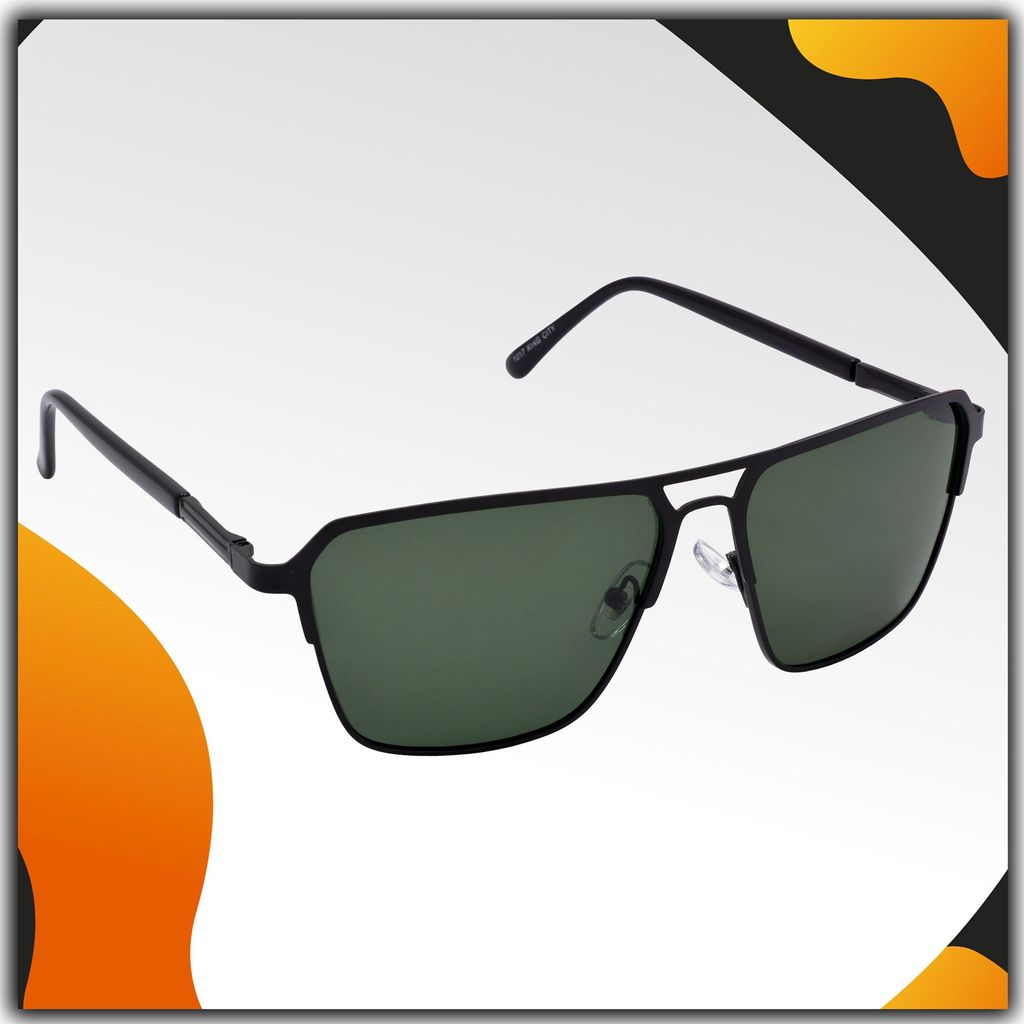 Stylish Rectangular Pilot Full-Frame Metal Polarized Sunglasses for Men and Women | Green Lens and Black Frame | HRS-KC1017-BK-GRN-P