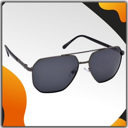 Stylish Retro Square Pilot Full-Frame Metal Polarized Sunglasses for Men and Women | Black Lens and Grey Frame | HRS-KC1018-GRY-BK-P
