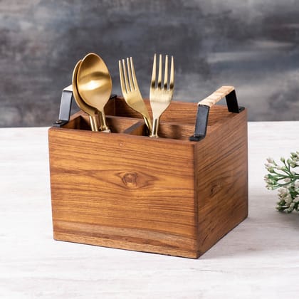 Inseparables Teak Wood Cutlery Holder - Black with Cane