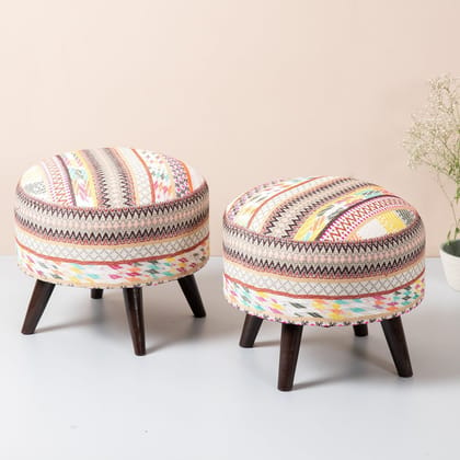 Hues Jacquard Wooden Ottoman in Multicolor Set of 2