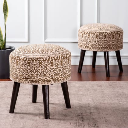 Botanic Fabric Wooden Ottoman in Yellow Color Set of 2