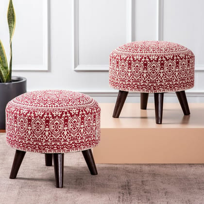 Mandala Fabric Wooden Ottoman in Red Color Set of 2