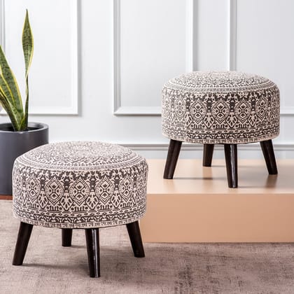 Mandala Fabric Wooden Ottoman in Grey Color Set of 2