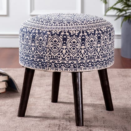 Botanic Fabric Wooden Ottoman in Blue Color
