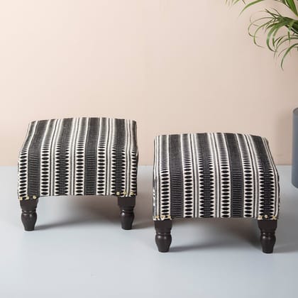 Bohemian Jacquard Wooden Foot Stool in Black & White Color Set of 2