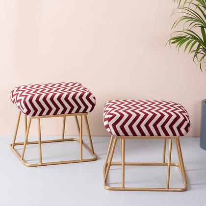 Crest Jacquard Metallic Stool in Maroon & White Color Set of 2