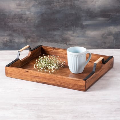 Inseparables Teak Wood Serving Tray - Black with Cane
