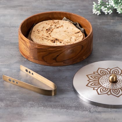 Inscribe Acacia Wood Roti Box with Tong - Floral Silver