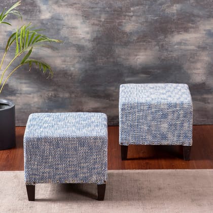 Slub Jacquard Wooden Seating Stool in Blue Color Set of 2
