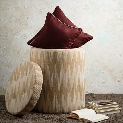 Crest Jacquard Wooden Storage Ottoman Upholstered in Beige Color