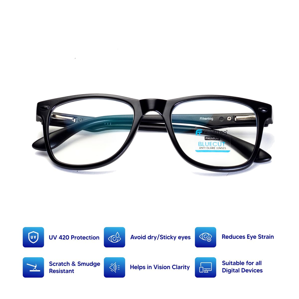 Flikertag Blue Cut Computer Glasses for Eye Protection Zero Power Blue Light Filter Glasses With UV Protection Anti Glare Specs for Men Women FTF115 F1 Wayfarer Matte Black Frame 50mm