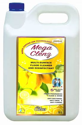Mega Clenz  5 Litre -Citrus  | Surface & Floor Cleaner Liquid | Suitable for All types Floor & Surfaces | Kills 99.9% Germs| Alcohol Free