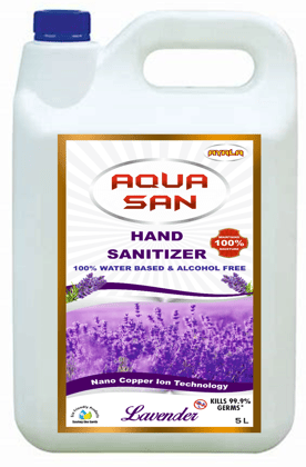 AquaSan Hand Sanitizer-Lavender- 5 Litre - Unique Sanitizer | Suitable for kids | Kills 99.9% Germs| Alcohol Free| Water based| No harsh chemicals| Anti microbial & Anti Viral | Safe to use anywhere