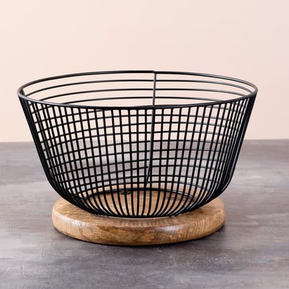 Cache wire basket with wooden base in Black Color