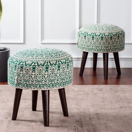 Botanic Fabric Wooden Ottoman in Green Color Set of 2