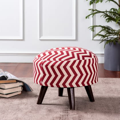 Crest Jacquard Wooden Ottoman in Maroon & White Color