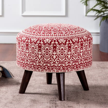 Mandala Fabric Wooden Ottoman in Red Color