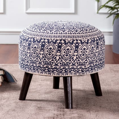 Mandala Fabric Wooden Ottoman in Blue Color