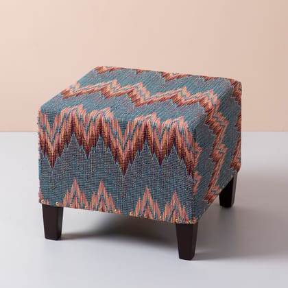 Crest Jacquard Wooden Seating Stool in Blue Color