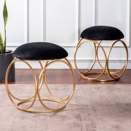 Classic Velvet Ring Metallic Stool in Black Color Set of 2