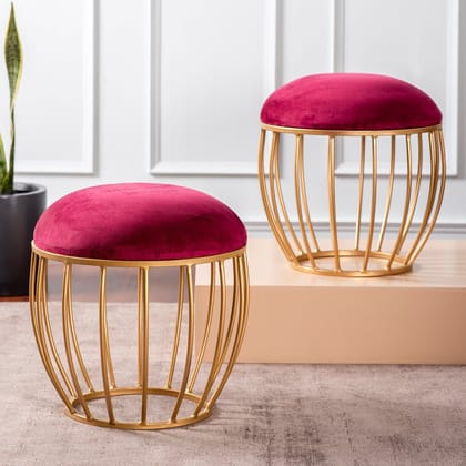 Lush Velvet Cage Metallic Stool in Maroon Color Set of 2