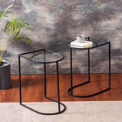 Contemporary Metallic Magazine End Table in Black Color Set of 2