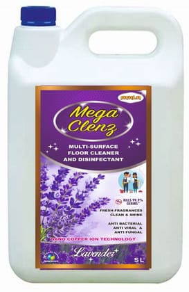 Mega Clenz-Lavender-5 Litre |Surface & Floor Cleaner Liquid | Suitable for All Floors & Surfaces | Kills 99.9% Germs| Alcohol Free
