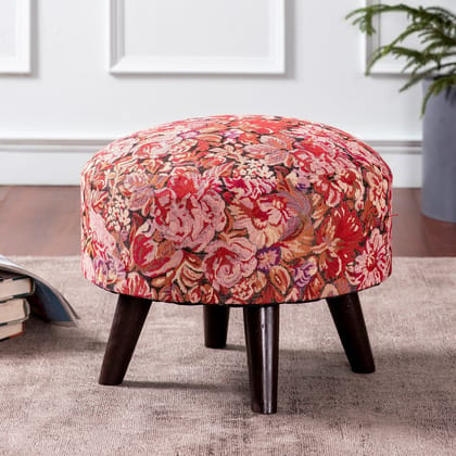 Hues Jacquard Wooden Ottoman in Red Color