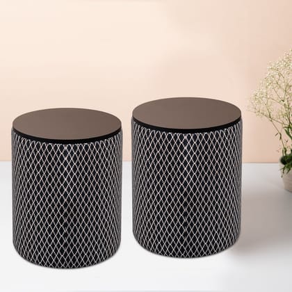 Quad Jacquard Wooden Storage Ottoman in Blue Color Set of 2