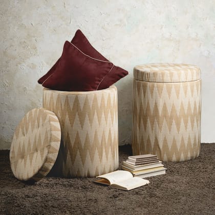 Crest Jacquard Wooden Storage Ottoman Upholstered in Beige Color Set of 2